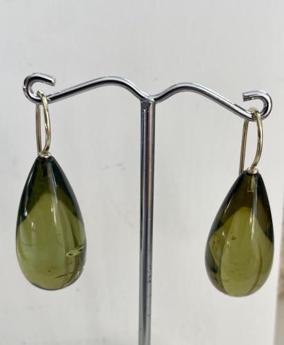 Grüne Bernstein Ohrhänger 27 x 15 mm glatt 585 GG